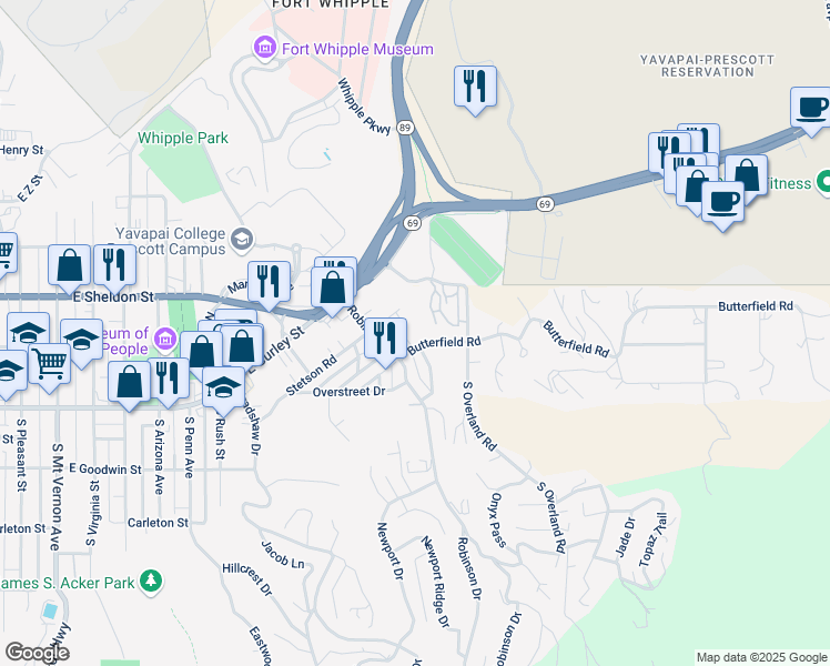 map of restaurants, bars, coffee shops, grocery stores, and more near 308 Canyon View Street in Prescott