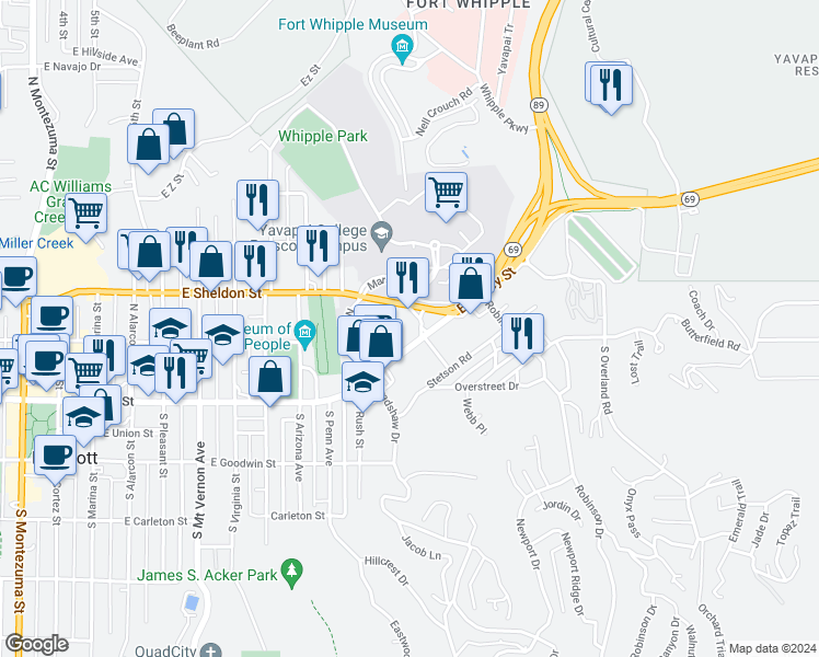 map of restaurants, bars, coffee shops, grocery stores, and more near 1124 East Gurley Street in Prescott