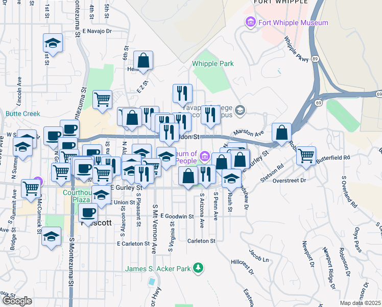 map of restaurants, bars, coffee shops, grocery stores, and more near 799 East Willis Street in Prescott