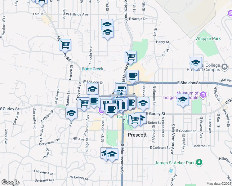 map of restaurants, bars, coffee shops, grocery stores, and more near 225 North Granite Street in Prescott