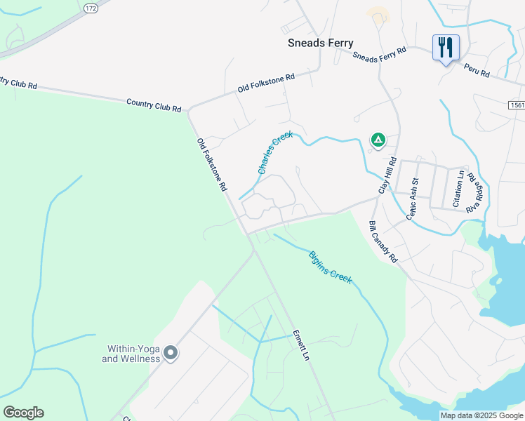 map of restaurants, bars, coffee shops, grocery stores, and more near 27 Eagles Nest Drive in Sneads Ferry