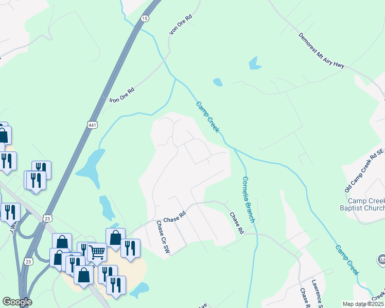 map of restaurants, bars, coffee shops, grocery stores, and more near 450 Camp Creek Circle in Cornelia