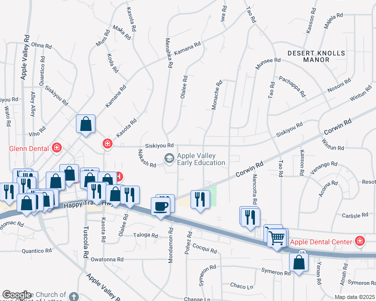 map of restaurants, bars, coffee shops, grocery stores, and more near 18545 Siskiyou Road in Apple Valley