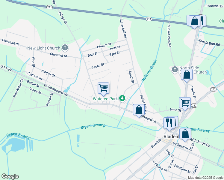 map of restaurants, bars, coffee shops, grocery stores, and more near 301 Midway Drive in Bladenboro