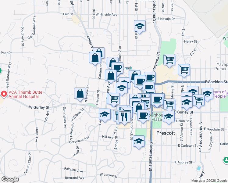 map of restaurants, bars, coffee shops, grocery stores, and more near 137 Grove Avenue in Prescott