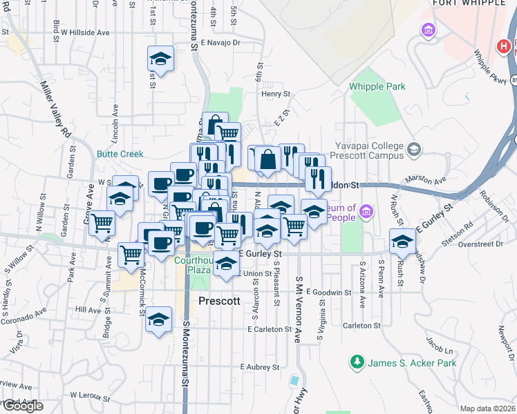 map of restaurants, bars, coffee shops, grocery stores, and more near 211 North Alarcon Street in Prescott