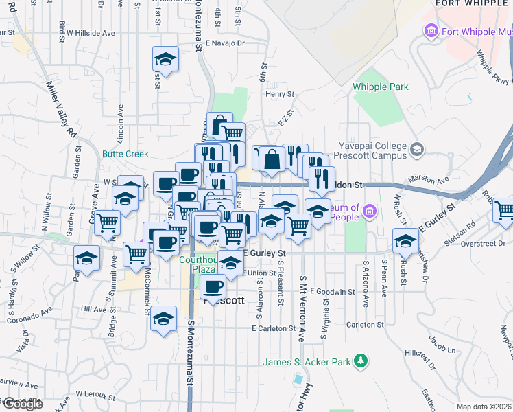 map of restaurants, bars, coffee shops, grocery stores, and more near 210 North Alarcon Street in Prescott