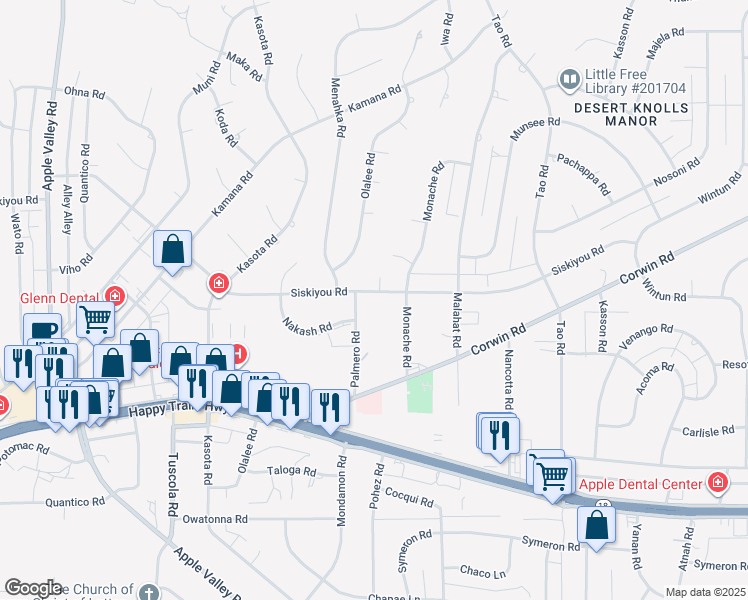 map of restaurants, bars, coffee shops, grocery stores, and more near 18545 Siskiyou Road in Apple Valley