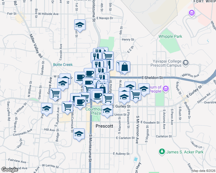 map of restaurants, bars, coffee shops, grocery stores, and more near 208 North Marina Street in Prescott