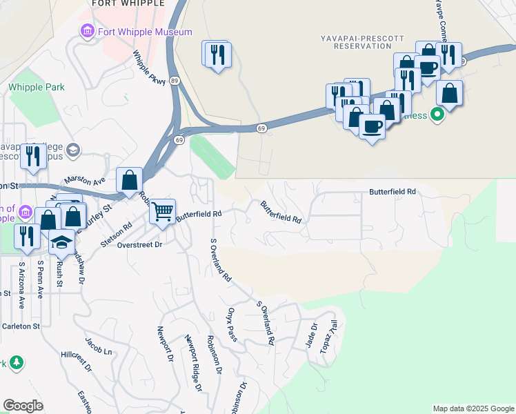 map of restaurants, bars, coffee shops, grocery stores, and more near 1412 Butterfield Road in Prescott