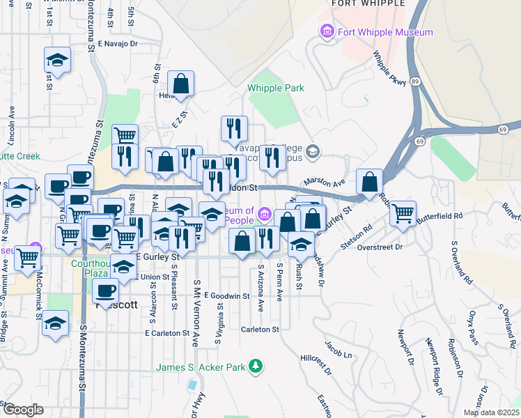 map of restaurants, bars, coffee shops, grocery stores, and more near 234 North Arizona Avenue in Prescott