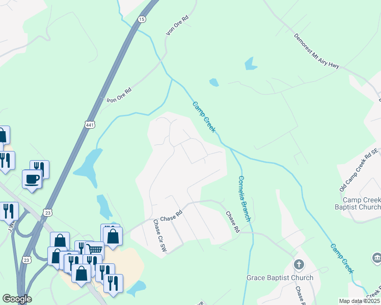 map of restaurants, bars, coffee shops, grocery stores, and more near 450 Camp Creek Circle in Cornelia