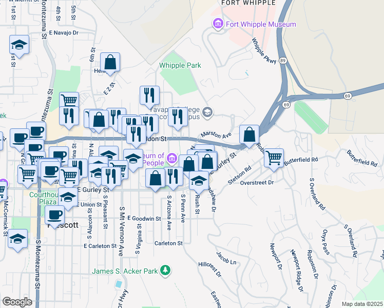 map of restaurants, bars, coffee shops, grocery stores, and more near 138 North Rush Street in Prescott