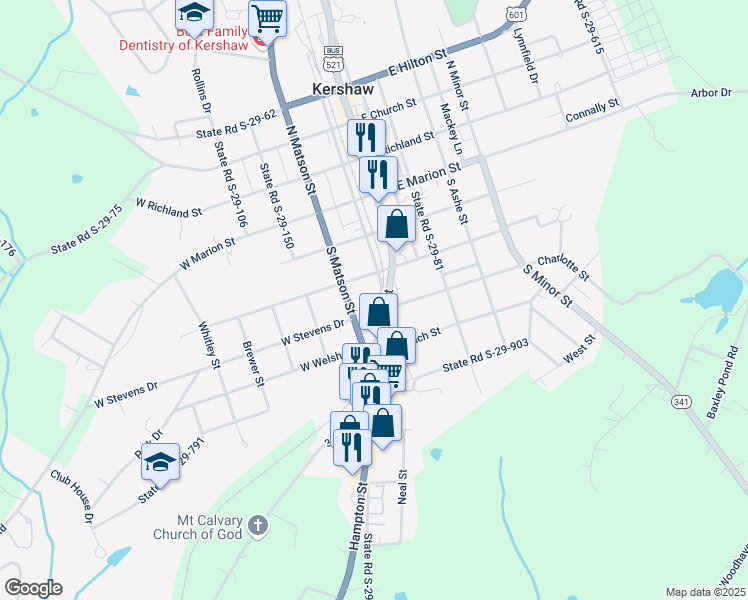 map of restaurants, bars, coffee shops, grocery stores, and more near 207 West Pine Street in Kershaw