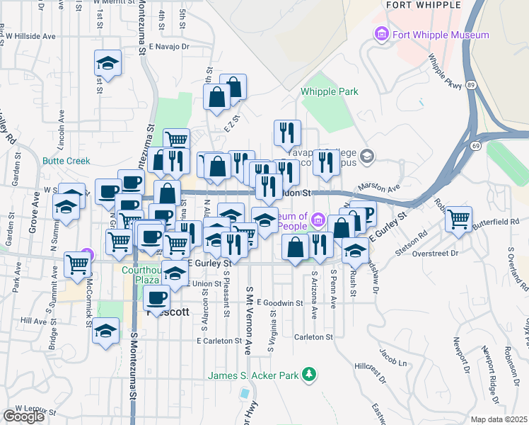 map of restaurants, bars, coffee shops, grocery stores, and more near 520 North Virginia Street in Prescott