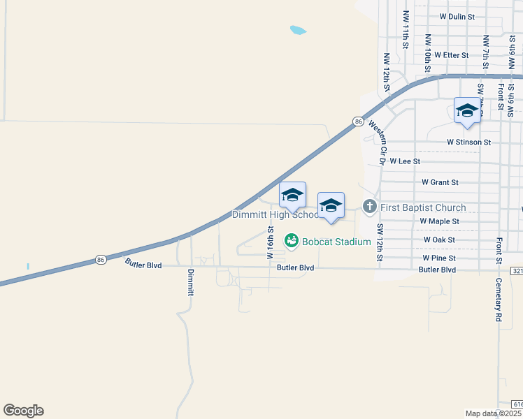 map of restaurants, bars, coffee shops, grocery stores, and more near 1600-2000 Western Circle in Dimmitt