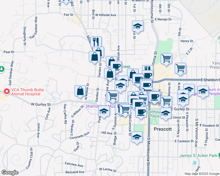map of restaurants, bars, coffee shops, grocery stores, and more near 219 Grove Avenue in Prescott