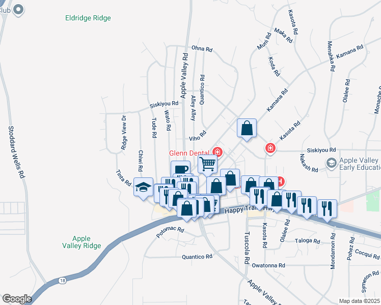 map of restaurants, bars, coffee shops, grocery stores, and more near 16185 Viho Road in Apple Valley