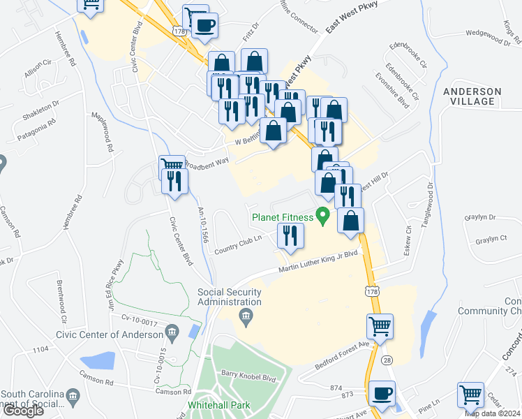 map of restaurants, bars, coffee shops, grocery stores, and more near 603 North Pointe Creek in Anderson