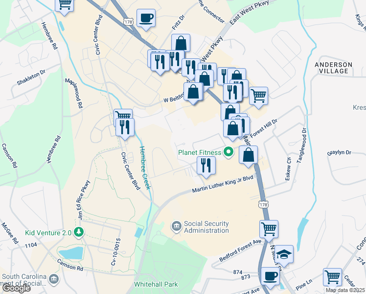 map of restaurants, bars, coffee shops, grocery stores, and more near 603 North Pointe Creek in Anderson