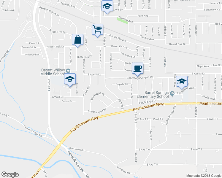 map of restaurants, bars, coffee shops, grocery stores, and more near 36500 30th Street East in Palmdale