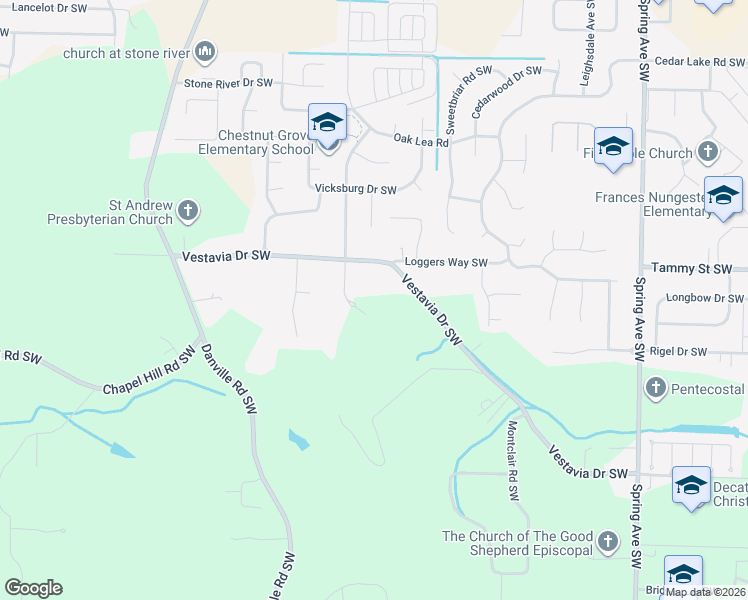 map of restaurants, bars, coffee shops, grocery stores, and more near 1601 Vestavia Drive Southwest in Decatur