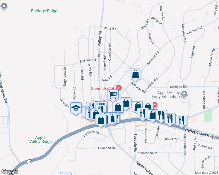 map of restaurants, bars, coffee shops, grocery stores, and more near 16134 Muni Road in Apple Valley