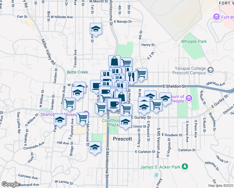map of restaurants, bars, coffee shops, grocery stores, and more near 233 Cortez Street in Prescott