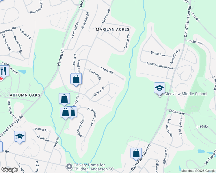 map of restaurants, bars, coffee shops, grocery stores, and more near 731 Britton Street in Anderson