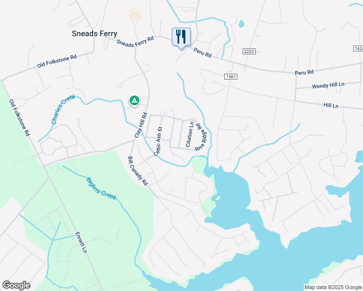 map of restaurants, bars, coffee shops, grocery stores, and more near 317 Dapper Dan Drive in Sneads Ferry