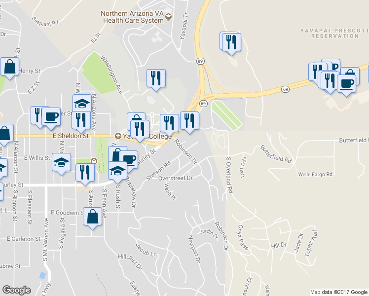 map of restaurants, bars, coffee shops, grocery stores, and more near 131 Robinson Drive in Prescott