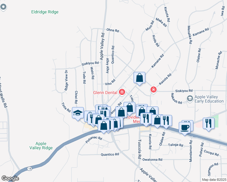 map of restaurants, bars, coffee shops, grocery stores, and more near 16134 Muni Road in Apple Valley