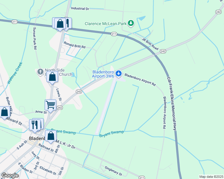 map of restaurants, bars, coffee shops, grocery stores, and more near 1137 Bladenboro Airport Road in Bladenboro
