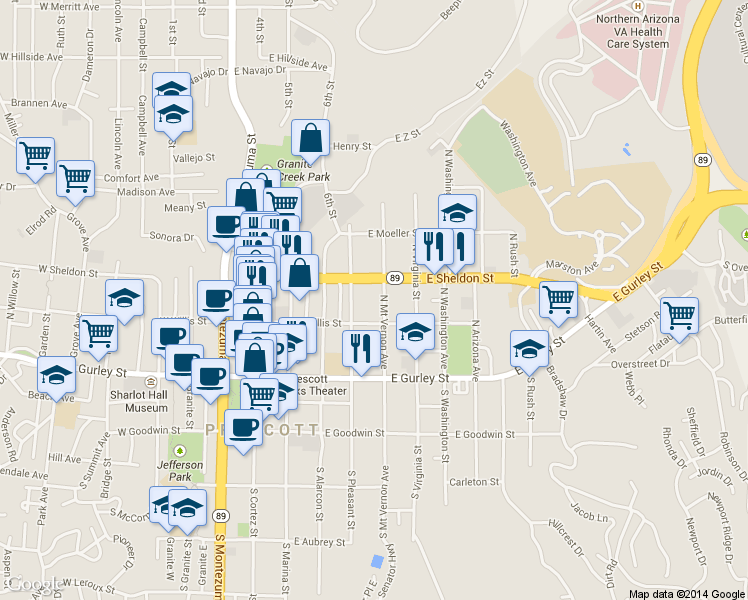 map of restaurants, bars, coffee shops, grocery stores, and more near 220 N Mt Vernon Ave in Prescott