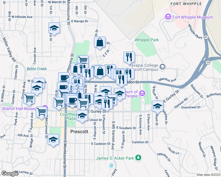map of restaurants, bars, coffee shops, grocery stores, and more near 220 North Mount Vernon Avenue in Prescott