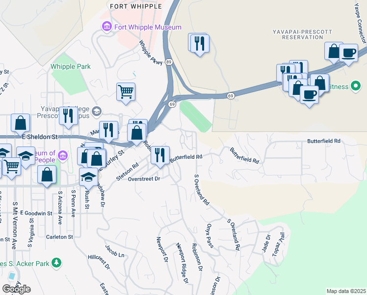 map of restaurants, bars, coffee shops, grocery stores, and more near 202 Cactus Drive in Prescott