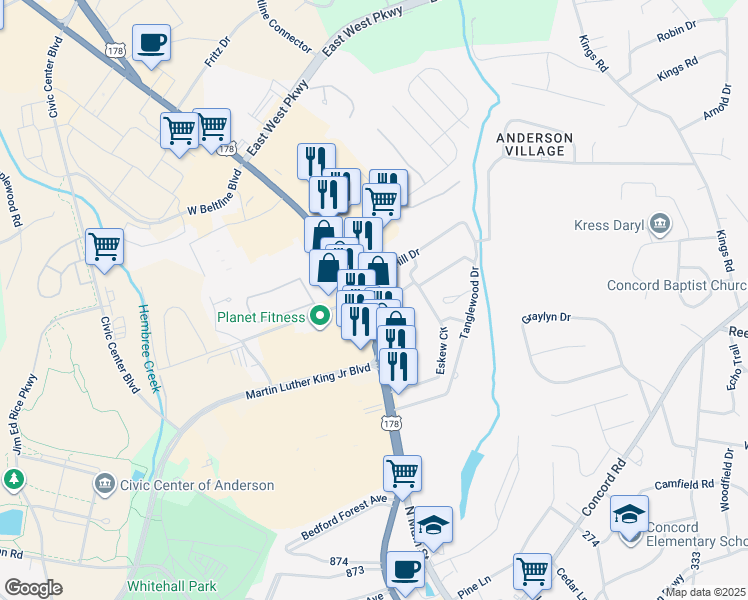 map of restaurants, bars, coffee shops, grocery stores, and more near 3322 North Main Street in Anderson