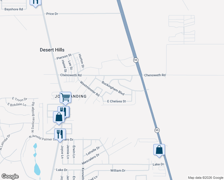 map of restaurants, bars, coffee shops, grocery stores, and more near 2280 Buckingham Boulevard in Lake Havasu City