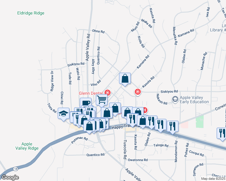 map of restaurants, bars, coffee shops, grocery stores, and more near 16138 Kamana Road in Apple Valley