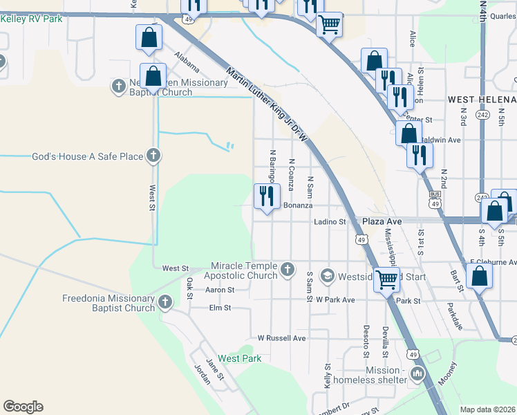 map of restaurants, bars, coffee shops, grocery stores, and more near 206 North Washington Street in Helena-West Helena