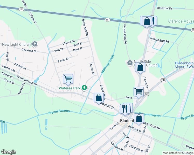 map of restaurants, bars, coffee shops, grocery stores, and more near 414 Butler Mill Road in Bladenboro