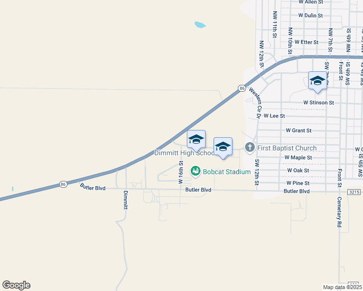 map of restaurants, bars, coffee shops, grocery stores, and more near 1600 Western Circle Drive in Dimmitt