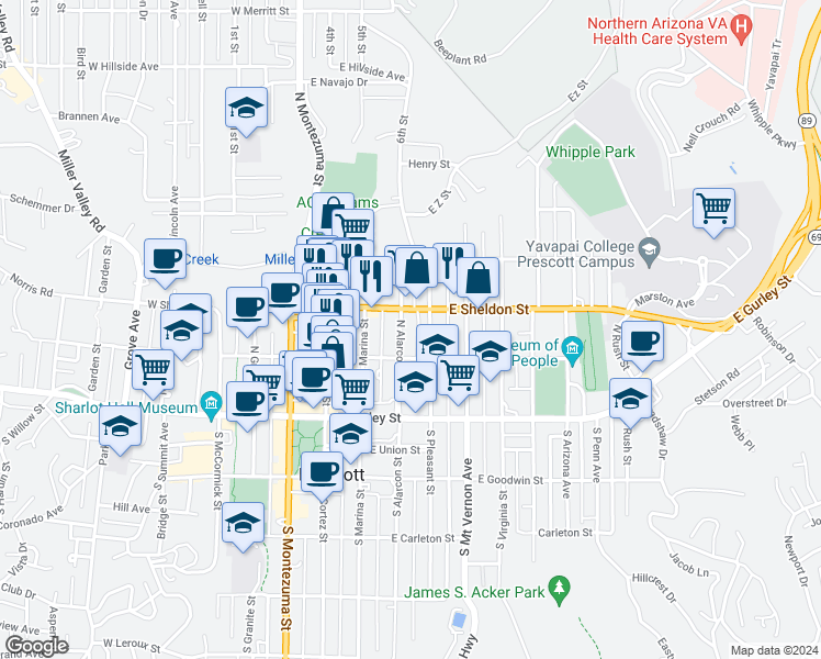 map of restaurants, bars, coffee shops, grocery stores, and more near 233 North Alarcon Street in Prescott