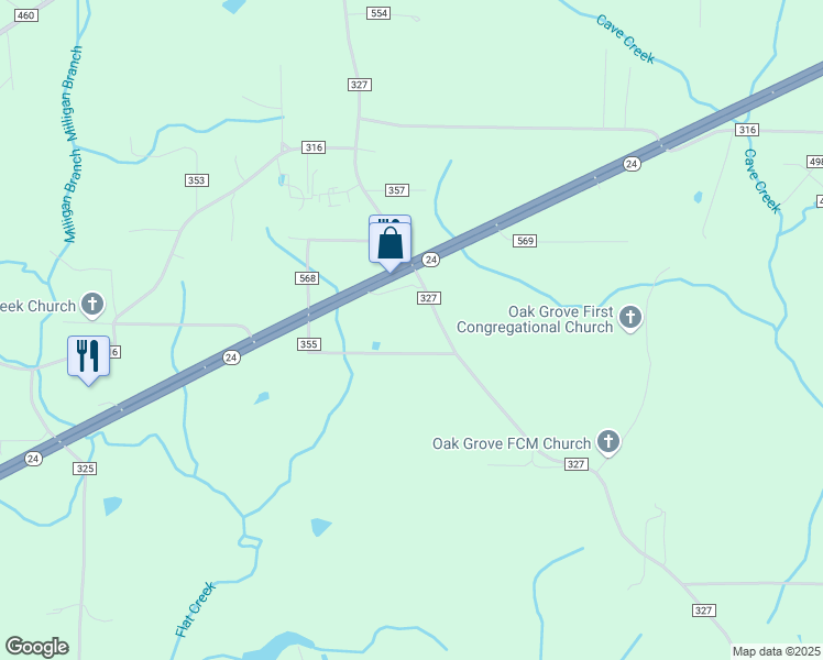 map of restaurants, bars, coffee shops, grocery stores, and more near 5656 County Road 327 in Trinity