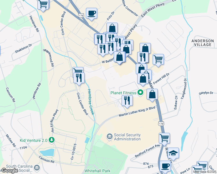 map of restaurants, bars, coffee shops, grocery stores, and more near 607 North Pointe Creek in Anderson