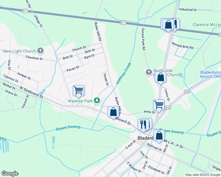 map of restaurants, bars, coffee shops, grocery stores, and more near 414 Butler Mill Road in Bladenboro