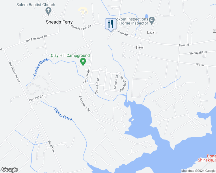map of restaurants, bars, coffee shops, grocery stores, and more near 314 Dapper Dan Drive in Sneads Ferry