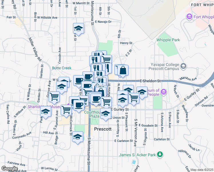 map of restaurants, bars, coffee shops, grocery stores, and more near 231 North Marina Street in Prescott