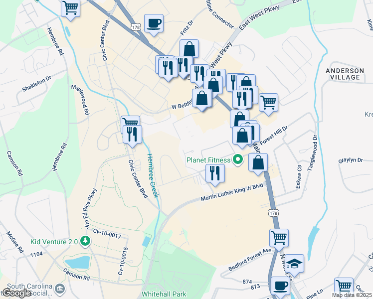 map of restaurants, bars, coffee shops, grocery stores, and more near 603 North Pointe Creek in Anderson