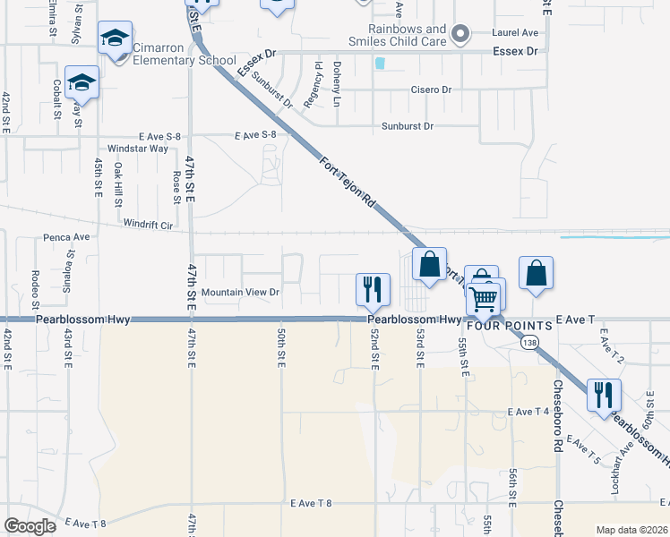 map of restaurants, bars, coffee shops, grocery stores, and more near 5105 Spyglass Drive in Palmdale